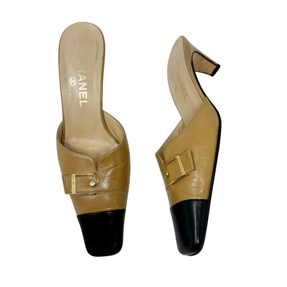 Chanel Buckle Mules Heels Tan Black Leather Size EU 39 Square Toe Vintage - Picture 1 of 12